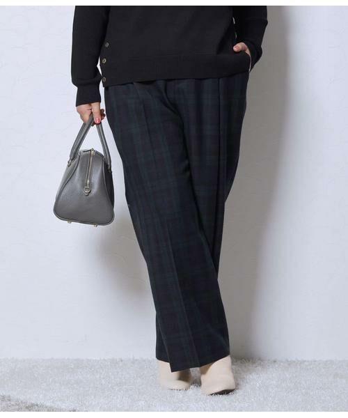 NEWYORKER L-SIZE / ニューヨーカー エルサイズ チノ・ワークパンツ | ウールブラックウォッチ ワンタックテーパードパンツ(ネイビー)