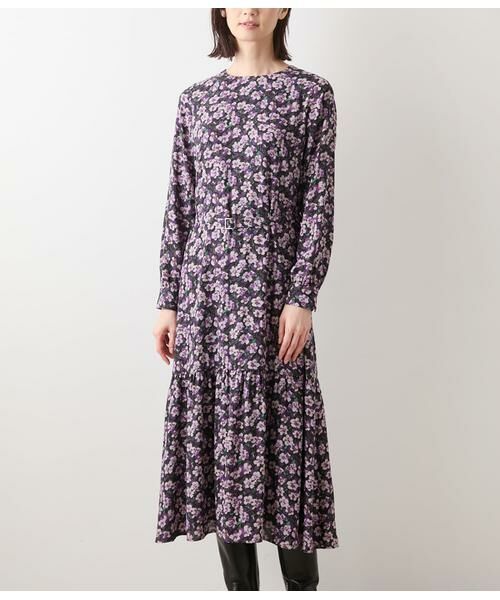 NEWYORKER L-SIZE / ニューヨーカー エルサイズ ミニ丈・ひざ丈ワンピース | ビオラフラワープリント ティアードギャザーロングワンピース | 詳細1