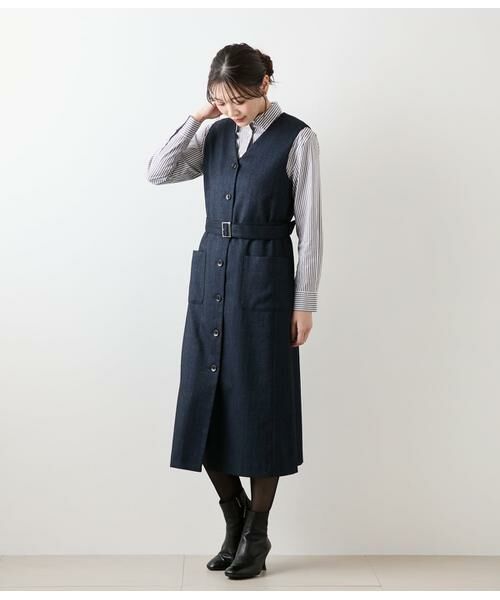 NEWYORKER L-SIZE / ニューヨーカー エルサイズ ミニ丈・ひざ丈ワンピース | デニム調メランジストライプ Vネックジャンパースカート | 詳細11