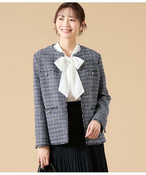 NEWYORKER L-SIZE / ニューヨーカー エルサイズ テーラードジャケット | ソフトミックスツィード ノーカラージャケット(ネイビー)