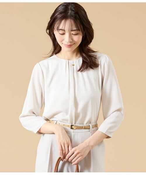 NEWYORKER L-SIZE / ニューヨーカー エルサイズ カットソー | TR天竺&ストレッチデシン ドッキングブラウス(ライトグレー)