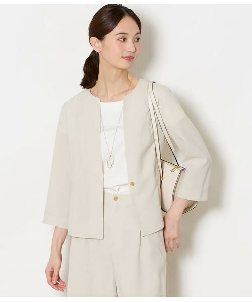 NEWYORKER L-SIZE / ニューヨーカー エルサイズ テーラードジャケット | リネンライクドライブレンド ノーカラーブラウスジャケット（ベージュ）