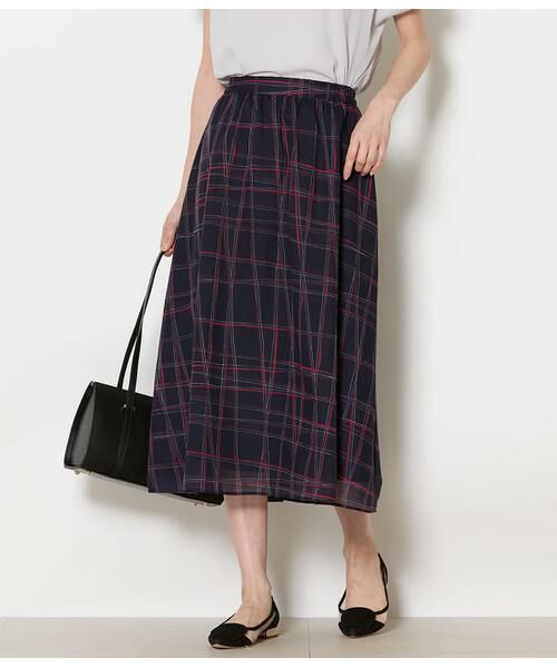 NEWYORKER L-SIZE / ニューヨーカー エルサイズ ミニ・ひざ丈スカート | シアースウィングチェック ゴムギャザースカート（ネイビー）