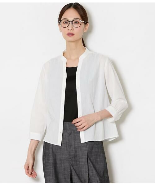 NEWYORKER L-SIZE / ニューヨーカー エルサイズ シャツ・ブラウス | コットンリネンカラミストライプ 7分袖スキッパーシャツ（ホワイト）