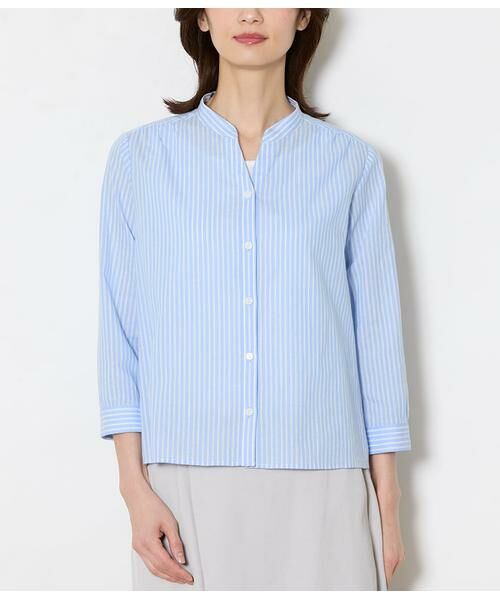 NEWYORKER L-SIZE / ニューヨーカー エルサイズ シャツ・ブラウス | コットンリネンカラミストライプ 7分袖スキッパーシャツ | 詳細1