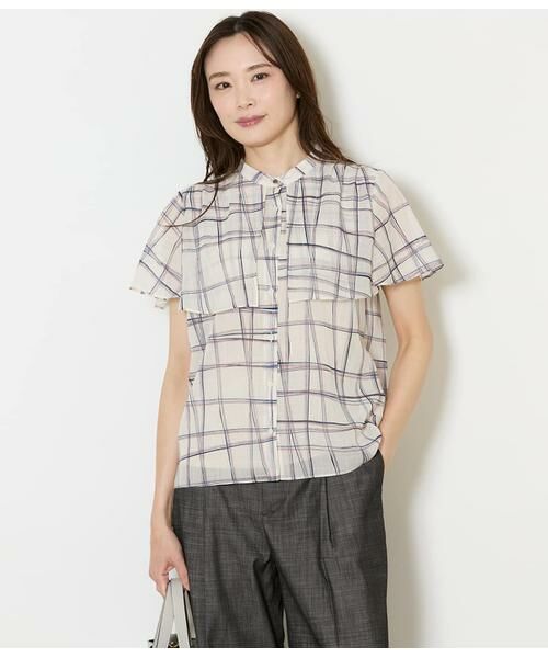 NEWYORKER L-SIZE / ニューヨーカー エルサイズ シャツ・ブラウス | シアースウィングチェック フレアスリーブブラウス（アイボリー）