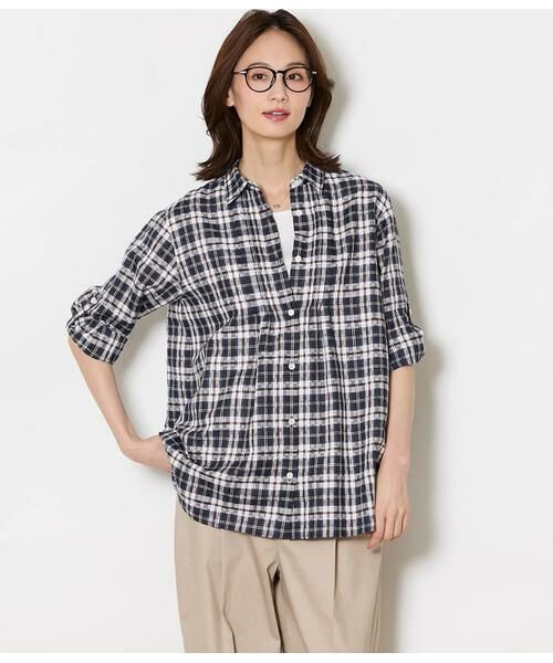 NEWYORKER L-SIZE / ニューヨーカー エルサイズ シャツ・ブラウス | Sunlight NEWYORKER Tartan 7分袖チュニックシャツ（ネイビー）