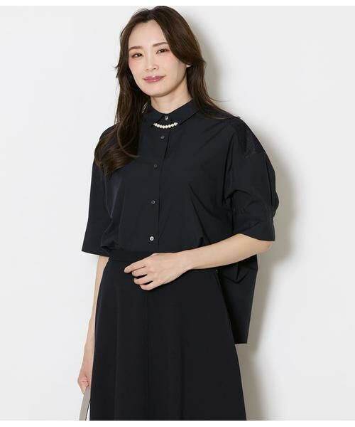 NEWYORKER L-SIZE / ニューヨーカー エルサイズ シャツ・ブラウス | TRブロード ヨーク切替え5分袖シャツ(ネイビー)