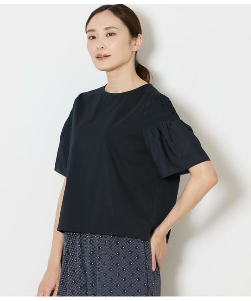 NEWYORKER L-SIZE / ニューヨーカー エルサイズ Tシャツ | プレーティング天竺 袖シャーリングプルオーバー(ネイビー)