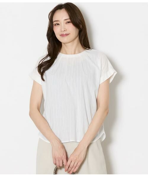 NEWYORKER L-SIZE / ニューヨーカー エルサイズ シャツ・ブラウス | コットンレーヨンカラミストライプ 2WAYブラウス(ホワイト)