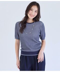 NEWYORKER L-SIZE / ニューヨーカー エルサイズ ニット・セーター | ラメボーダー 5分袖クルーネックプルオーバー