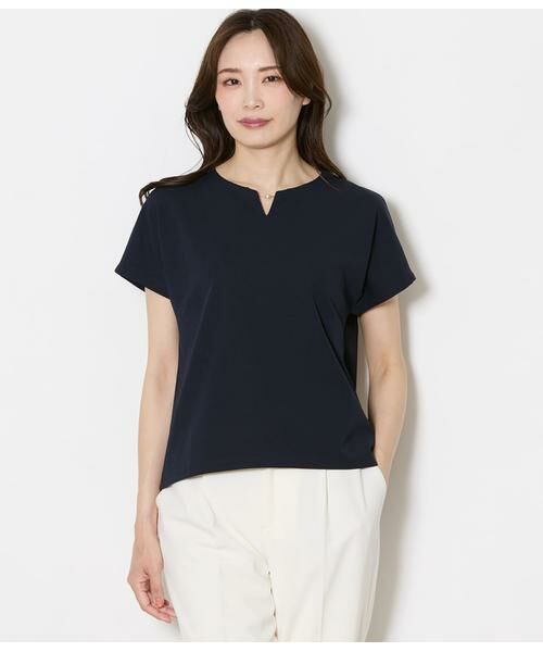 NEWYORKER L-SIZE / ニューヨーカー エルサイズ Tシャツ | キーネックパールビジュープルオーバー レディース セットアップ対応 イージーケア（ネイビー）