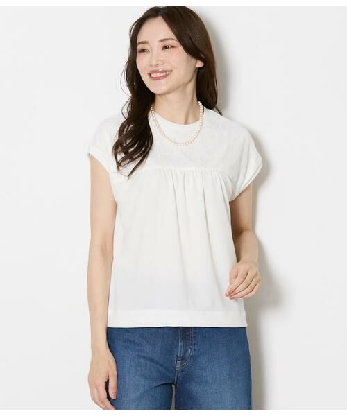 NEWYORKER L-SIZE / ニューヨーカー エルサイズ Tシャツ | 前後2WAYレース切替えカットソー レディース イージーケア(ホワイト)