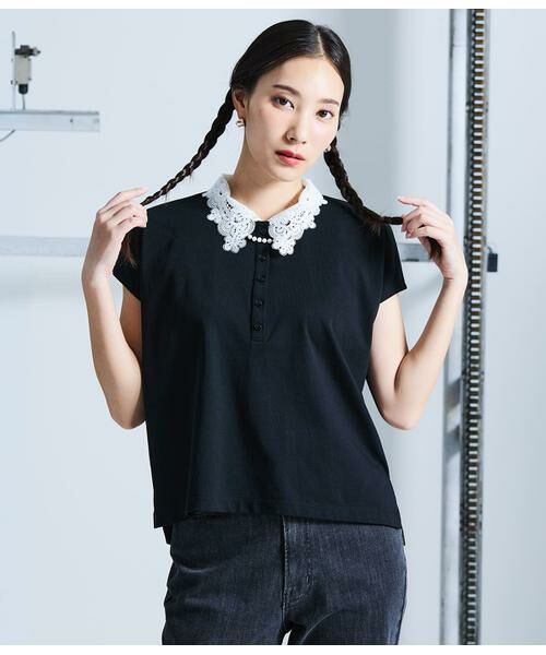 NEWYORKER L-SIZE / ニューヨーカー エルサイズ Tシャツ | プレーディング天竺 レース衿付き2WAYプルオーバー（ブラック）