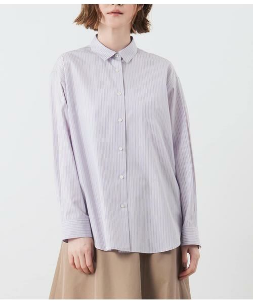 NEWYORKER L-SIZE / ニューヨーカー エルサイズ シャツ・ブラウス | コットンポプリンストライプ レギュラーカラー長袖シャツ(ラベンダー) | 詳細1