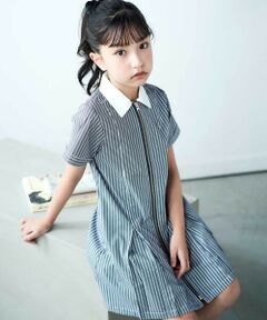 nexchic / ネクシック ミニ丈・ひざ丈ワンピース | シャツ風ファスナーデニム&ストライプワンピース(110~150cm)