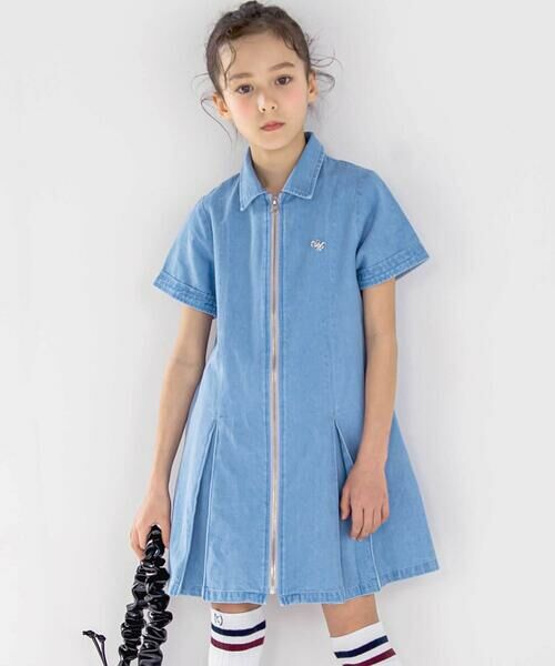 nexchic / ネクシック ミニ丈・ひざ丈ワンピース | シャツ風ファスナーデニム&ストライプワンピース(110~150cm)(ブルー)