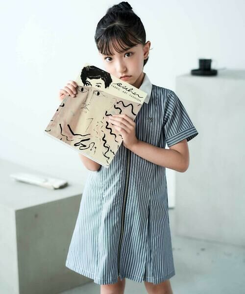 nexchic / ネクシック ミニ丈・ひざ丈ワンピース | シャツ風ファスナーデニム&ストライプワンピース(110~150cm) | 詳細15