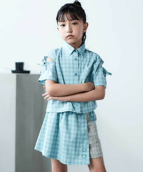 nexchic / ネクシック シャツ・ブラウス | チェック柄半袖シャツ+プリーツスカパンセット(110~150cm)(グリーン系)