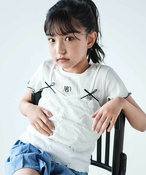 nexchic / ネクシック Tシャツ | リボン付きギャザーキャミ+スパンテレコ半袖Tシャツセット(110~150cm)(ホワイト)