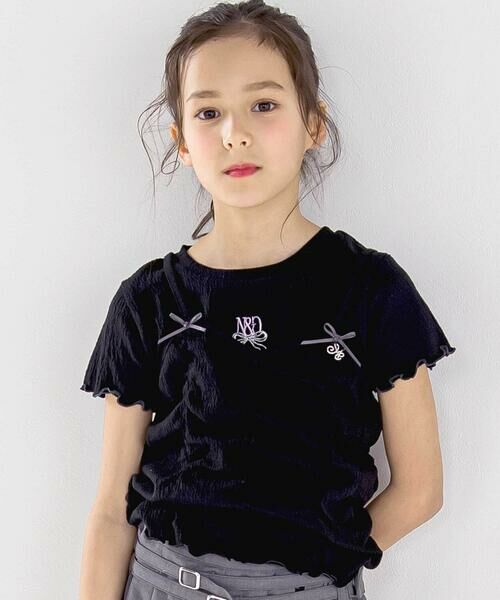 nexchic / ネクシック Tシャツ | リボン付きギャザーキャミ+スパンテレコ半袖Tシャツセット(110~150cm)(ブラック)