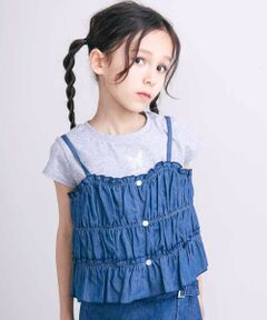 nexchic / ネクシック Tシャツ | デニムチェックキャミソール+天竺半袖Tシャツセット(110~150cm)