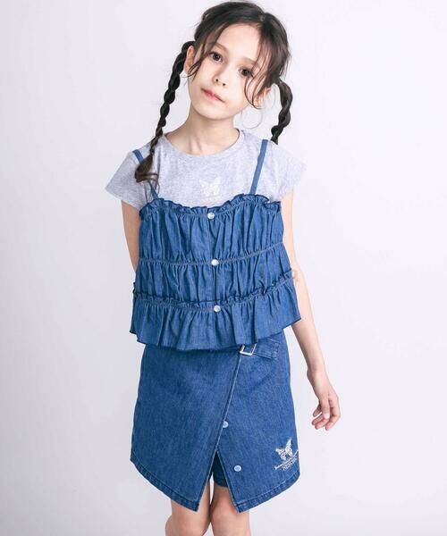 nexchic / ネクシック Tシャツ | デニムチェックキャミソール+天竺半袖Tシャツセット(110~150cm) | 詳細2