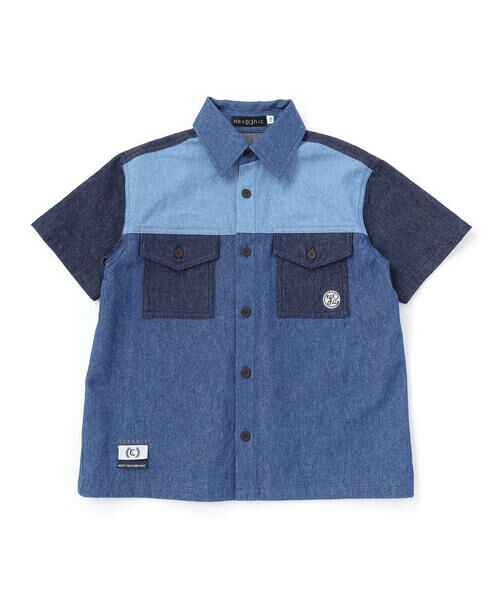 nexchic / ネクシック Tシャツ | 切り替え配色デニム&ツイル半袖シャツ(110~150cm)(ブルー系)