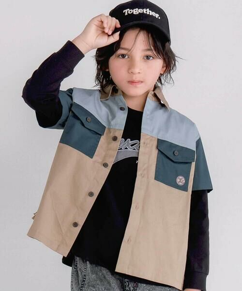 nexchic / ネクシック Tシャツ | 切り替え配色デニム&ツイル半袖シャツ(110~150cm)(ベージュ系)