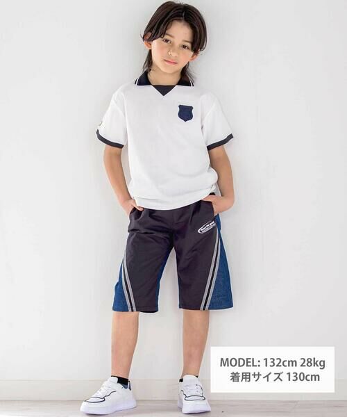 nexchic / ネクシック ショート・ハーフ・半端丈パンツ | ラインテープデニムタフタ切り替え5.5分パンツ(110~150cm) | 詳細1