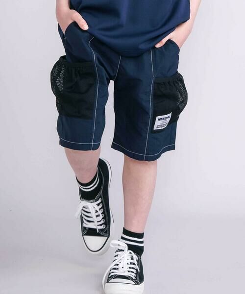 nexchic / ネクシック ショート・ハーフ・半端丈パンツ | 【接触冷感】【お揃い】ワッシャータフタメッシュポケット付き5分丈パンツ(110~150cm)(ネイビー)