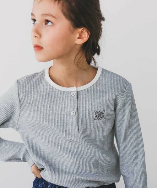 nexchic / ネクシック Tシャツ | 細テレコフロントボタンロングTシャツ(110~150cm)(グレー)