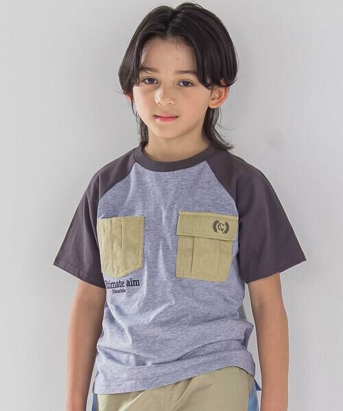 nexchic / ネクシック Tシャツ | ラインスリーブラグラン天竺Tシャツ(110~150cm)(グレー)