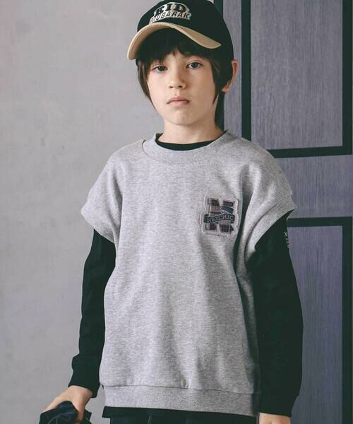 nexchic/ネクシック パッチ付きベスト+天竺長袖Tシャツセット(110~150cm) グレー 150cm nexchic/ネクシック パッチ付きベスト+天竺長袖Tシャツセット(110~150cm) グレー 150cm