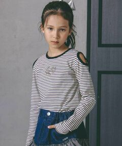 nexchic / ネクシック Tシャツ | 肩開きラインストーンロゴテレコ長袖Tシャツ(110~150cm)