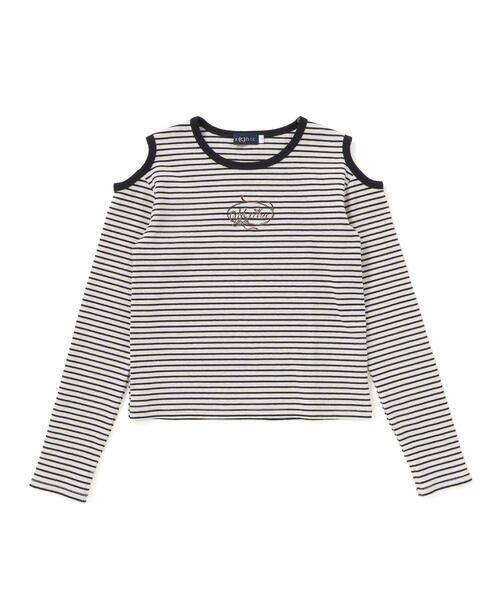 nexchic / ネクシック Tシャツ | 肩開きラインストーンロゴテレコ長袖Tシャツ(110~150cm) | 詳細13