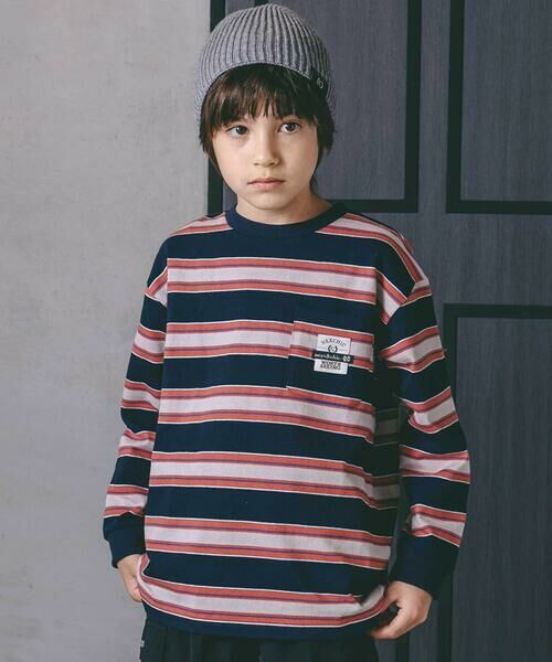 nexchic/ネクシック バッグロゴパッチ天竺&マルチボーダー長袖Tシャツ(110~150cm) ネイビー系 110cm nexchic/ネクシック バッグロゴパッチ天竺&マルチボーダー長袖Tシャツ(110~150cm) ネイビー系 110cm