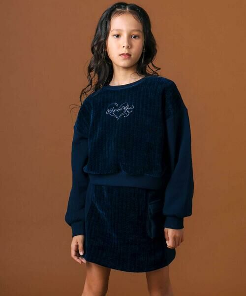 nexchic/ネクシック ケーブル編みｘ裏毛切り替えトレーナーｘスカパンセットアップ(110~150cm) ネイビー 140cm