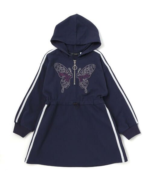 nexchic / ネクシック ミニ丈・ひざ丈ワンピース | バタフライパッチフード付き裏毛ワンピース(110~150cm)（ネイビー）