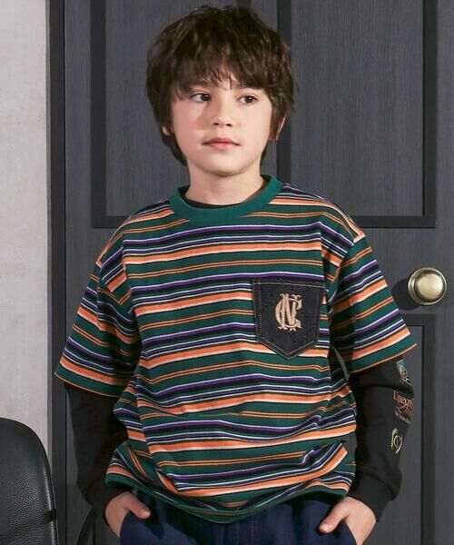 nexchic / ネクシック Tシャツ | ロゴ入り長袖Tシャツ＋マルチボーダー半袖Tシャツセット(110~150cm)（グリーン系）