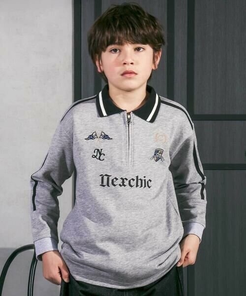 nexchic / ネクシック ポロシャツ | ミニ裏毛ハーフジップロゴ刺しゅうポロシャツ(110~150cm)（グレー）