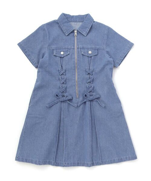 nexchic / ネクシック ミニ丈・ひざ丈ワンピース | プリンセスラインレースアップデニム＆ツイルワンピース(110~150cm)（ブルー）