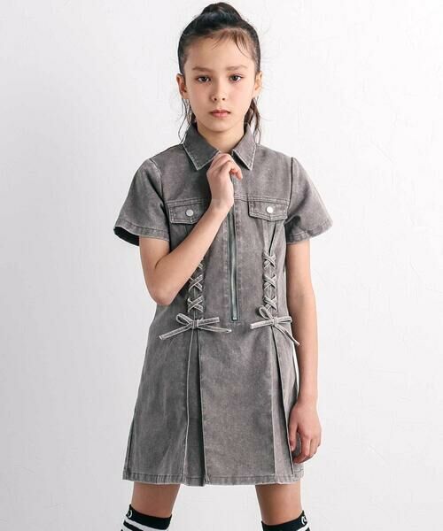 nexchic / ネクシック ミニ丈・ひざ丈ワンピース | プリンセスラインレースアップデニム＆ツイルワンピース(110~150cm)（グリーン）