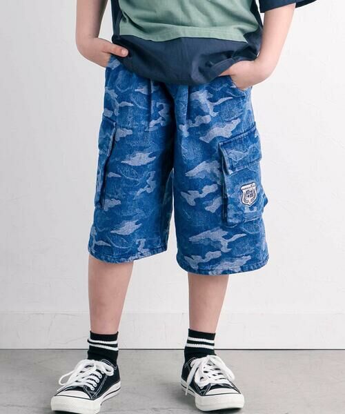 nexchic / ネクシック ショート・ハーフ・半端丈パンツ | ツイル＋デニムウエストレイヤードハーフパンツ(110~150cm)（ブルー系）