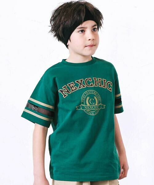 nexchic / ネクシック Tシャツ | メッシュスリーブ・カレッジロゴTシャツ(110~150cm)（グリーン）