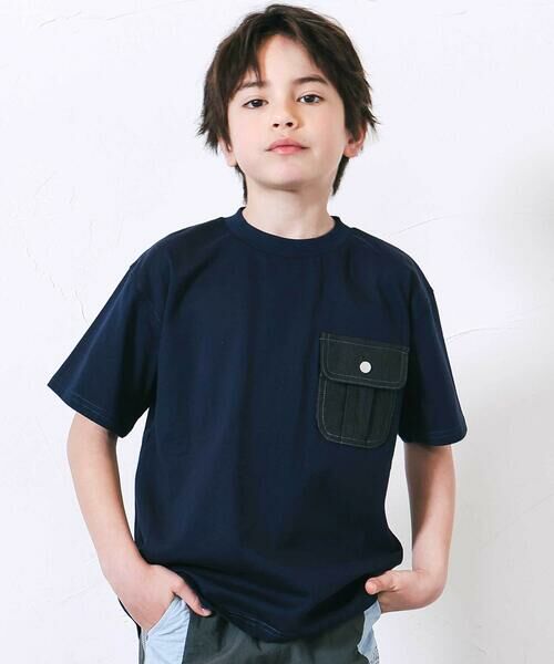 nexchic / ネクシック Tシャツ | デニムポケット・ピグメントカレッジTシャツ(110~150cm)（ネイビー）