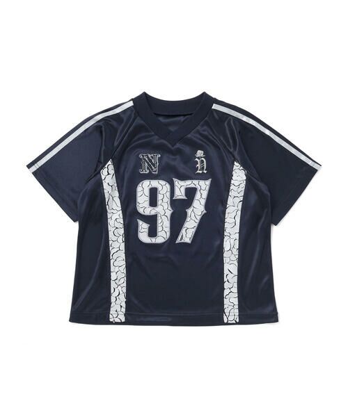 nexchic / ネクシック Tシャツ | レースロゴパッチサテンユニフォーム半袖Tシャツ(110~150cm)（ネイビー）