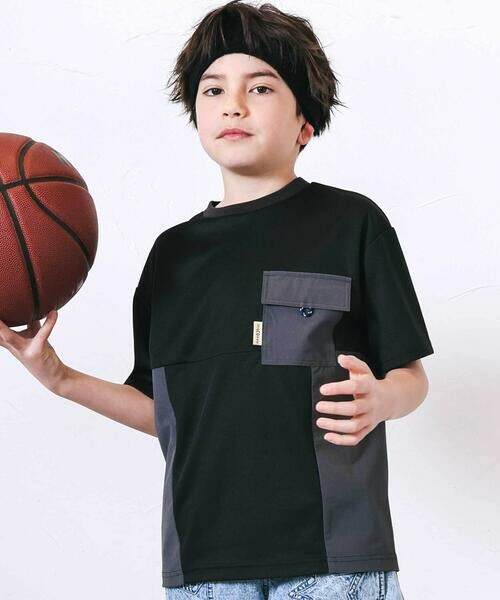 nexchic / ネクシック Tシャツ | タフタ切り替えメッシュ半袖Tシャツ(110~150cm)（ブラック）