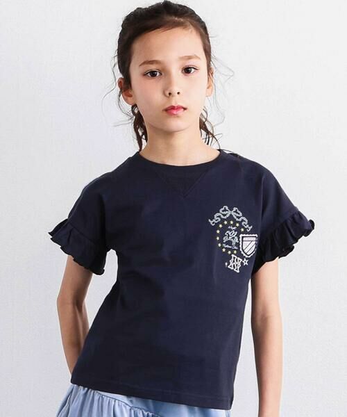 nexchic / ネクシック Tシャツ | 後ろ切り替えセーラー風パッチ刺しゅうTシャツ(110~150cm)（ネイビー）