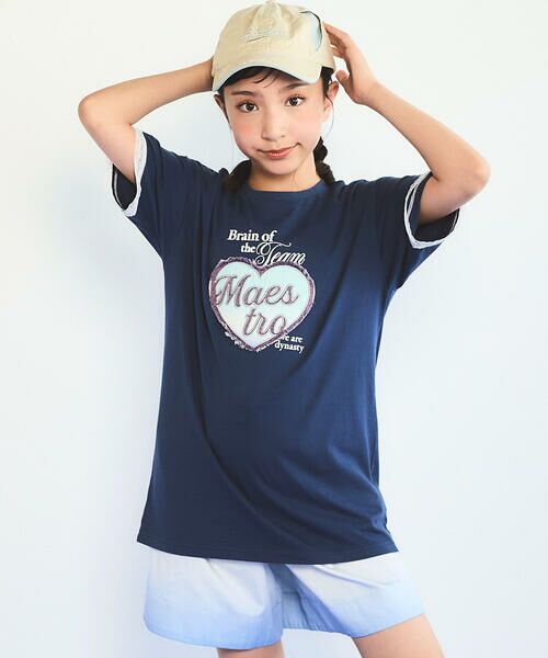 nexchic / ネクシック Tシャツ | 【接触冷感】袖レースハートパッチ天竺Tシャツ(110~150cm)（ネイビー）